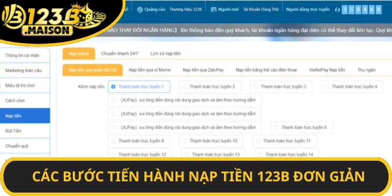 Các bước tiến hành nạp tiền 123B đơn giản 
